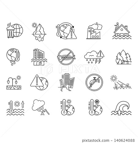 Climate Change Icon Set. Vector Icon Global Warming, Tsunami, Fire, Earthquake, Drought, Flood, No Water, Solar Radiation, Deforestation and More Climate Change Icon Set. Vector Icon Global Warming, Tsunami, Fire, Earthquake, Drought, Flood, No Water, Solar Radiation, Deforestation and More 140624088