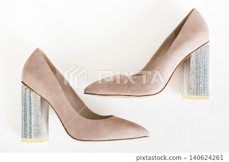 Beige suede high heel pumps with silver block heels stylish womens fashion footwear Beige suede high heel pumps with silver block heels stylish womens fashion footwear 140624261