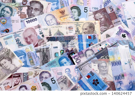 Big amount of various currencies money bills banknotes in full frame. Many cash bills Big amount of various currencies money bills banknotes in full frame. Many cash bills 140624457