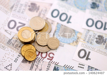 Big amount of polish zloty money banknotes and grosz coins close up. Huge pile of cash of Poland Big amount of polish zloty money banknotes and grosz coins close up. Huge pile of cash of Poland 140624487