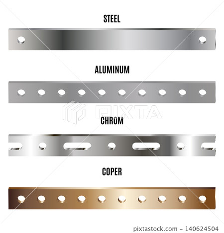 Metal mounting strips set with steel aluminum chrome and copper materials. Metal mounting strips set with steel aluminum chrome and copper materials. 140624504