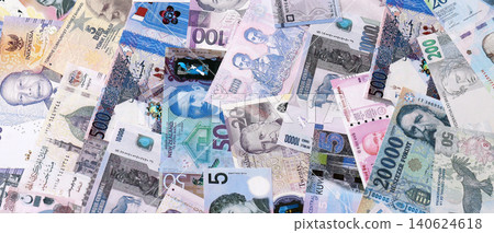 Big amount of various currencies money bills banknotes in full frame. Many cash bills Big amount of various currencies money bills banknotes in full frame. Many cash bills 140624618