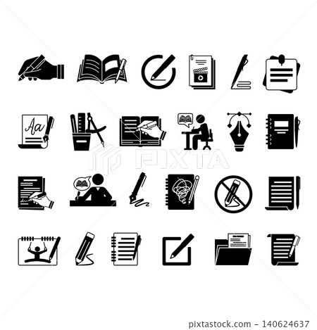 Glyph Writing Icon Set. Vector Icons Book, Compose, Writer, Stationery, Edit, Document, Draw, Pencil, Calligraphy, Pen, Quill, Author, Notepad, Write, Signature, and More 140624637