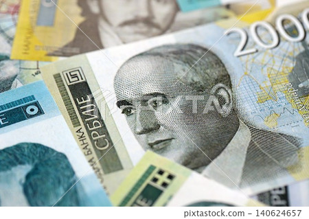 Serbian dinar money bills pile on table. Serbia banknotes of RSD currency. Concept of business 140624657