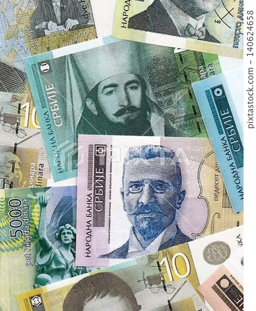 Serbian dinar money bills pile on table. Serbia banknotes of RSD currency. Concept of business 140624658