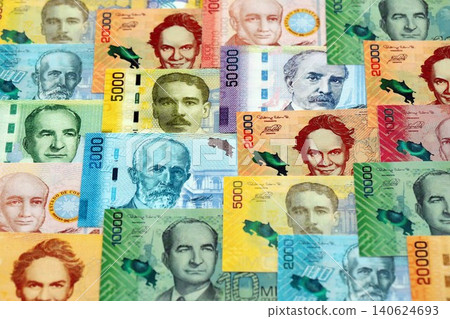 Costa Rican colon money bills pile on table. Costa Rica banknotes of CRC currency close up 140624693