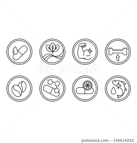 Labels for Medicine and Food Packaging. Vector Icons of Vitamin E, Fiber, Protein, Calcium, Caffeine, Minerals, Vitamin C, Omega 3 Fatty Acids 140624858