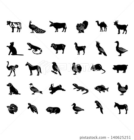 Black Domestic Animals Icons. Vector Illustrations Cow, Peacock, Bull, Turkey, Camel, Goat, Cat, Iguana, Sheep, Llama, Parrot, Goose, Ostrich, Horse, Rabbit, Mouse, Pig and Others Black Domestic Animals Icons. Vector Illustrations Cow, Peacock, Bull, Turkey, Camel, Goat, Cat, Iguana, Sheep, Llama, Parrot, Goose, Ostrich, Horse, Rabbit, Mouse, Pig and Others 140625251