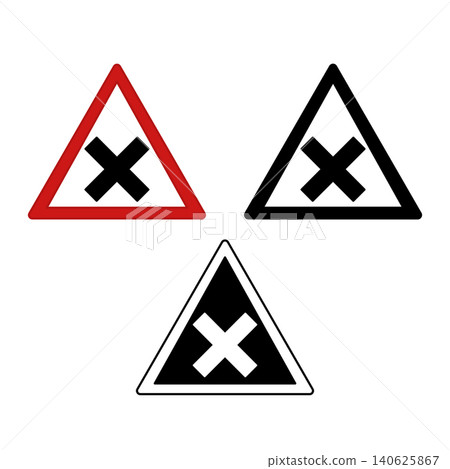 Signs Crossroad Warning. Warning Road Signs. Red, Black, and White Vector Icons 140625867