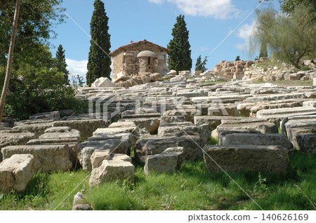 The Ruins of the Choregic Monument of Nikias and St Paraskevi Chapel in Athens 140626169