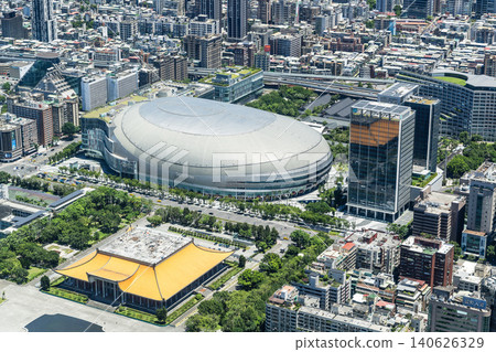Bird-eye view of Taipei Dome, Sun Yat-sen Memorial, and other modern buildings from the Taipei 101 Observation Deck, Taiwan. Bird-eye view of Taipei Dome, Sun Yat-sen Memorial, and other modern buildings from the Taipei 101 Observation Deck, Taiwan. 140626329