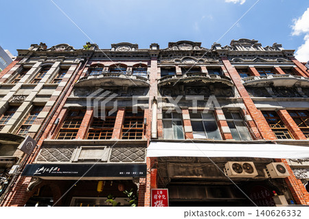 Low-angle view of old buildings in Dihua Street of Wanhua, Taipei City, Taiwan. Low-angle view of old buildings in Dihua Street of Wanhua, Taipei City, Taiwan. 140626332