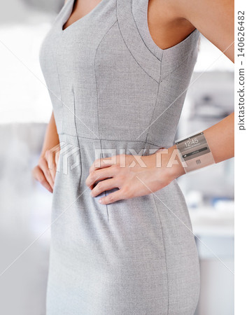 Person, transparent or hands with smart watch, time technology or device for business schedule. Internet, holographic media armband or woman with display for futuristic app or office notification 140626482
