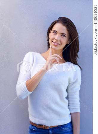 Studio, thinking and woman with smile for idea with inspiration from happy memory of innovation. Creative, female person and girl with solution for choice or decision with brainstorming and confident 140626523