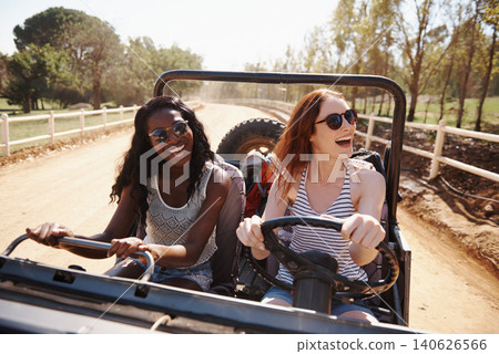 Happy women, laughing and vacation with road trip in nature and funny joke for adventure in outdoor. Friends, driving or journey in convertible van on holiday, countryside or bonding together by farm Happy women, laughing and vacation with road trip in nature and funny joke for adventure in outdoor. Friends, driving or journey in convertible van on holiday, countryside or bonding together by farm 140626566