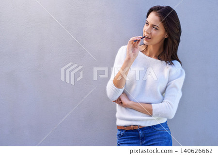 Thinking, smile and pen for woman person, thoughts or mockup space isolated on studio background. Planning, vision or goals for future by female model, biting and pencil for decision or brainstorming Thinking, smile and pen for woman person, thoughts or mockup space isolated on studio background. Planning, vision or goals for future by female model, biting and pencil for decision or brainstorming 140626662