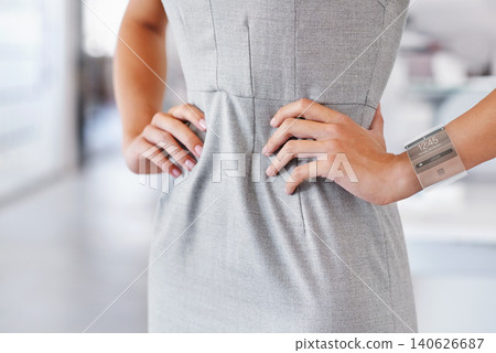 Person, transparent or hands with smart watch technology or device for schedule or business in office. Augmented reality, holographic armband or woman with display for futuristic app or notification 140626687