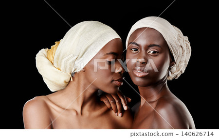 Black background, portrait and African woman with scarf in studio for wellness, health and hair care treatment. Salon aesthetic, culture and face of people with accessories, cosmetics and makeup Black background, portrait and African woman with scarf in studio for wellness, health and hair care treatment. Salon aesthetic, culture and face of people with accessories, cosmetics and makeup 140626714