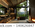Luxury bathroom interior with large windows overlooking a scenic mountain forest view. 3d render. 140626847