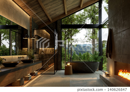 Luxury bathroom interior with large windows overlooking a scenic mountain forest view. 3d render. 140626847