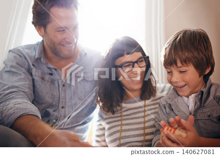 Play, laughing or family with child in home, house or apartment for support, care or love. Happy boy, mother or funny father with kid to enjoy holiday vacation, humor or relax together in England 140627081