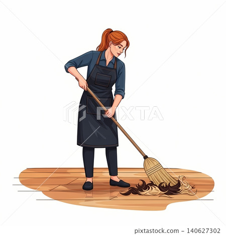 Assistant Sweeping Cut Hair Piles Flat Vector Illustration Assistant Sweeping Cut Hair Piles Flat Vector Illustration 140627302