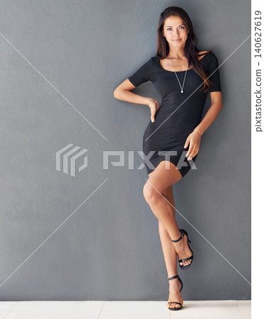 Space, dress or portrait of woman with fashion isolated on wall or grey background with modern style. Classy, confident lady or fancy female person in heels with pride, mock up and trendy clothes Space, dress or portrait of woman with fashion isolated on wall or grey background with modern style. Classy, confident lady or fancy female person in heels with pride, mock up and trendy clothes 140627619
