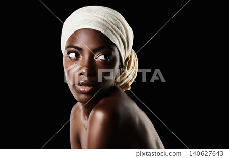 Beauty, studio and black woman with head scarf, natural makeup or creative aesthetic in mockup space. Art, skincare and African girl on dark background with wrap, facial cosmetics and confidence. Beauty, studio and black woman with head scarf, natural makeup or creative aesthetic in mockup space. Art, skincare and African girl on dark background with wrap, facial cosmetics and confidence. 140627643