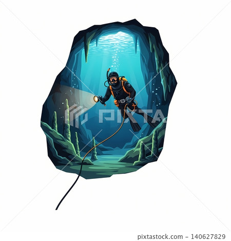 Cave Diver Exploring Underwater Cavern Cave Diver Exploring Underwater Cavern 140627829