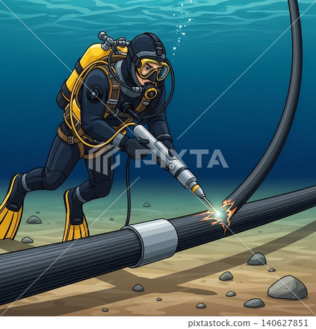 Diver Inspecting Subsea Cable Diver Inspecting Subsea Cable 140627851