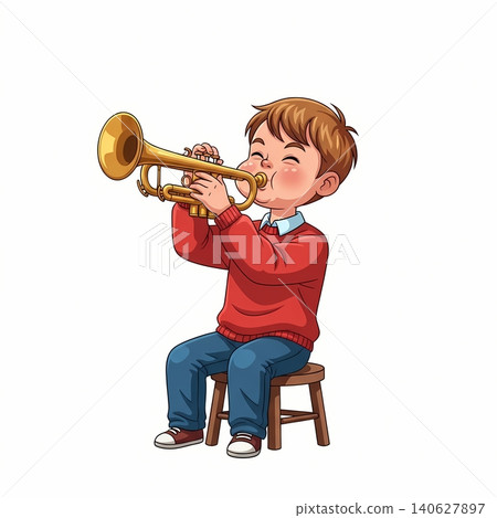 Boy with Glasses Playing Trumpet 140627897