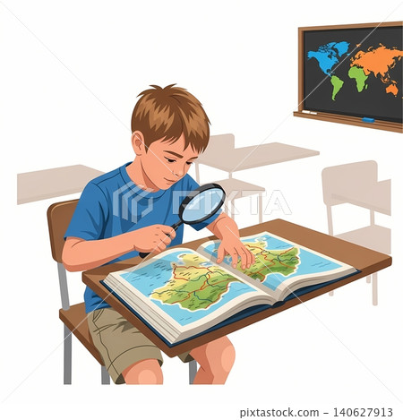 Boy Reading Atlas with Magnifying Glass Flat Vector Illustration 140627913