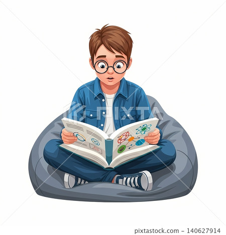 Boy Reading Science Textbook Flat Vector Illustration Boy Reading Science Textbook Flat Vector Illustration 140627914