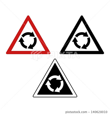 Signs Roundabout Ahead. Warning Road Signs. Red, Black, and White Vector Icons Signs Roundabout Ahead. Warning Road Signs. Red, Black, and White Vector Icons 140628010