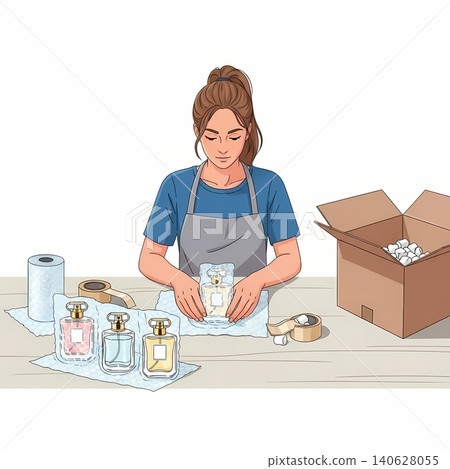Cosmetic Shipping Clerk Wrapping Perfume Bottles for Order 140628055