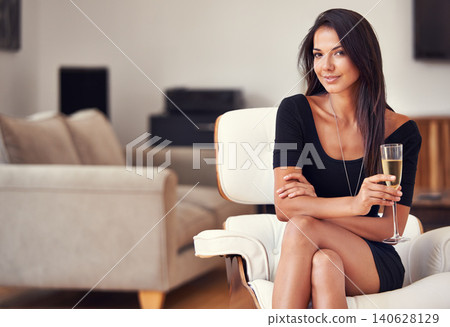 Hotel, portrait and confident woman with champagne to relax for luxury or leisure, elegant and unwind for weekend holiday. Female person, toast or cheers with glass or wine, enjoy and classy vacation 140628129
