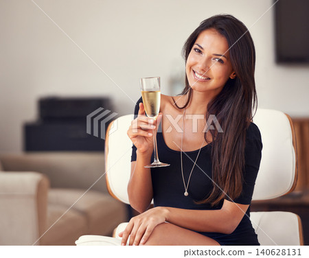 Relax, portrait and woman smile with champagne for luxury or leisure, elegant and unwind for weekend holiday. Female person, toast or cheers with glass or wine, enjoy and celebrate on classy vacation Relax, portrait and woman smile with champagne for luxury or leisure, elegant and unwind for weekend holiday. Female person, toast or cheers with glass or wine, enjoy and celebrate on classy vacation 140628131