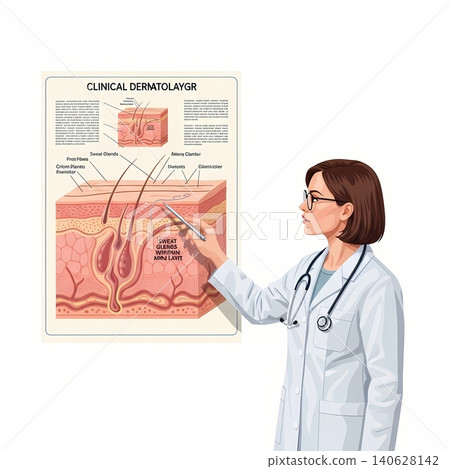Clinical Dermatologist Pointing to Human Skin Chart Clinical Dermatologist Pointing to Human Skin Chart 140628142