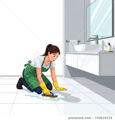 Professional Cleaner Scrubbing Floor in New Home Professional Cleaner Scrubbing Floor in New Home 140628154