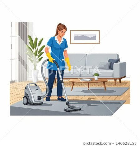 Professional Cleaner Vacuuming New Living Room Professional Cleaner Vacuuming New Living Room 140628155