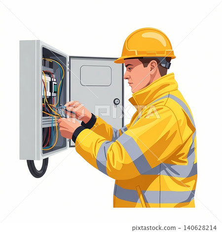 Cable Technician Working on Box 140628214