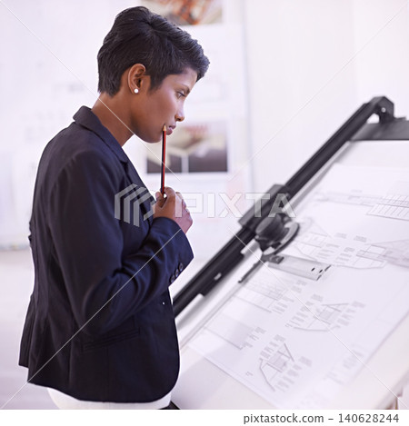 Architecture, civil engineering or woman thinking of drawing for development project or planning on paper. Measure, blueprint or female designer with ideas for sketching floor plan of office building 140628244
