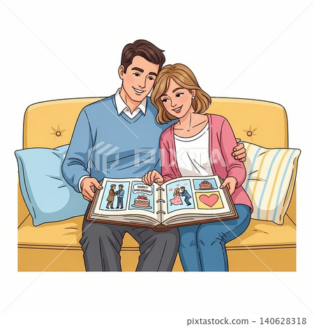 Happy Couple Reviewing Wedding Memories in Photo Album Happy Couple Reviewing Wedding Memories in Photo Album 140628318