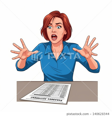 Frantic Woman Gesturing Over Financial Statement on Table Frantic Woman Gesturing Over Financial Statement on Table 140628344