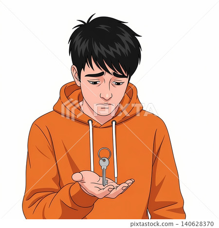 Young Man Looking at Keys in Hand with Regret After Fight Young Man Looking at Keys in Hand with Regret After Fight 140628370