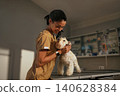 Caring Vet Tech Smiles While Gently Holding Small White Dog at Clinic Exam Table 140628384