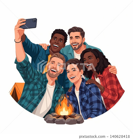 Diverse Group of Friends Taking Selfie at Campsite 140628418