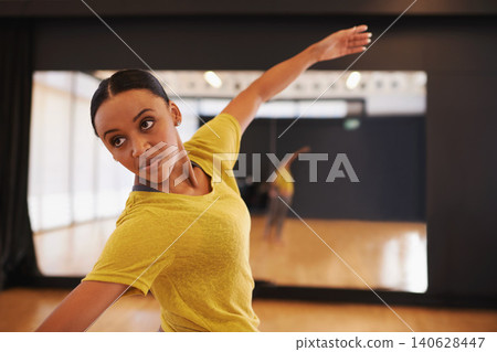 Ballet, dance and woman in fitness studio for performance, show or theater rehearsal. Art, balance or female dancer with classic, beauty or movement for ballroom, steps or warm up for stage training Ballet, dance and woman in fitness studio for performance, show or theater rehearsal. Art, balance or female dancer with classic, beauty or movement for ballroom, steps or warm up for stage training 140628447