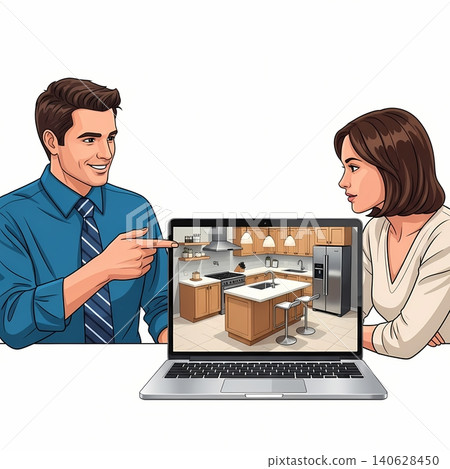 Interior Designer Showing Kitchen 3D Model on Laptop 140628450