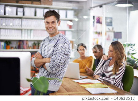 Designer, portrait and man in meeting with arms crossed for confidence, pride and happiness for startup company. Entrepreneur, employee or face with smile in coworking office for teamwork or planning Designer, portrait and man in meeting with arms crossed for confidence, pride and happiness for startup company. Entrepreneur, employee or face with smile in coworking office for teamwork or planning 140628513
